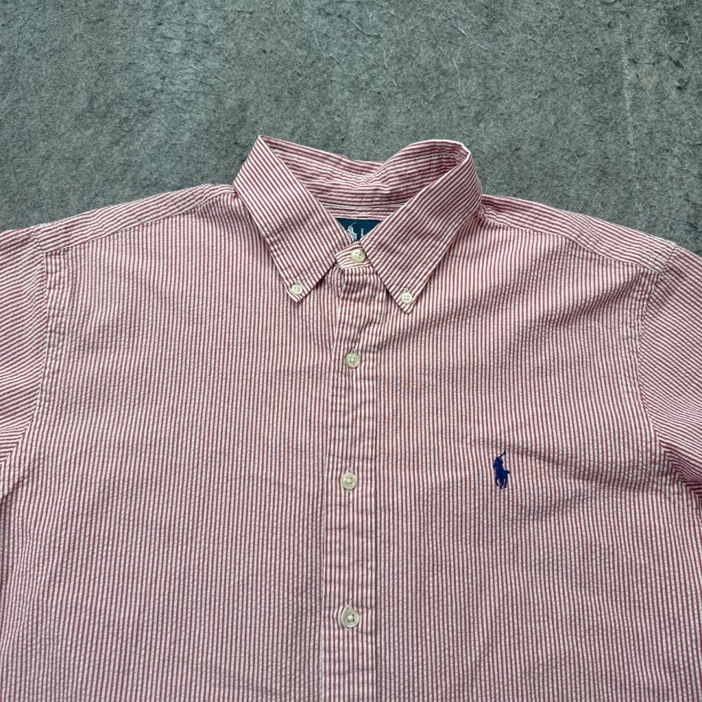 Ralph Lauren Seersucker Shirt Men L Red White Striped Short Sleeve Classic Fit